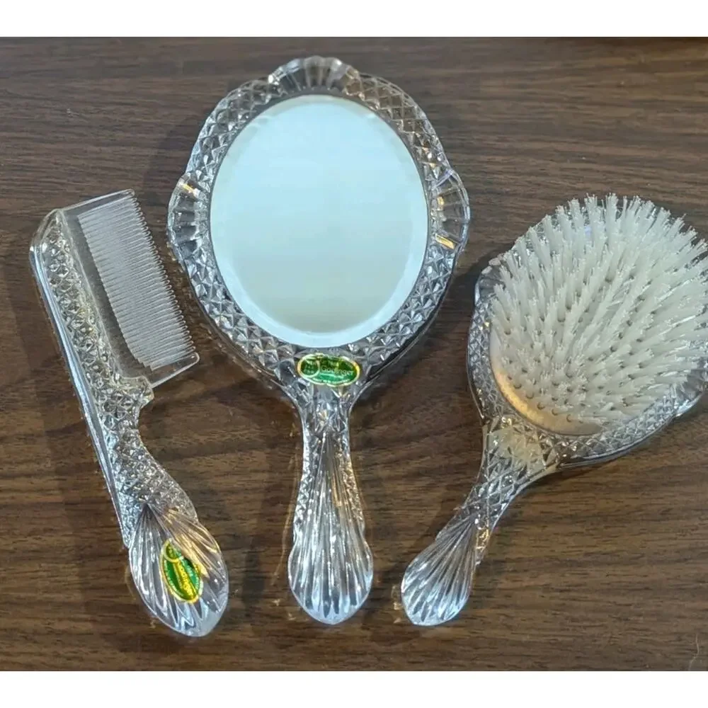 Vtg 3 Pc Godinger Crystal Victorian Style Dresser Vanity Set Mirror Brush Comb